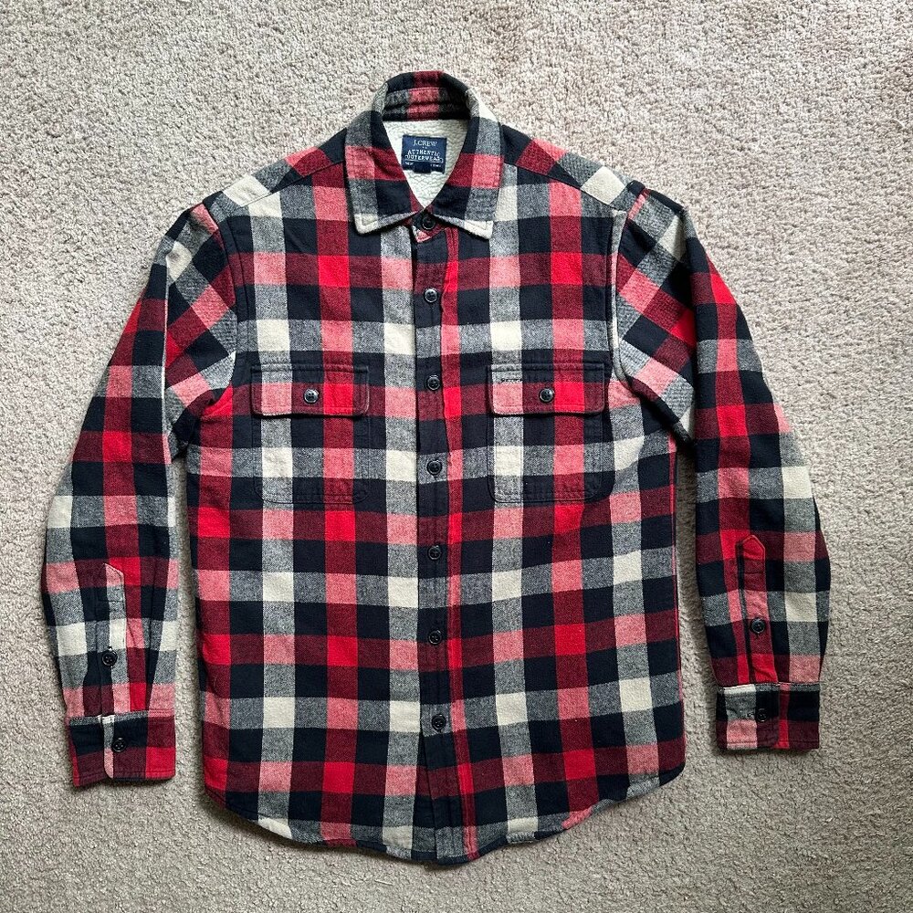 J Crew Jacket Mens XS Shacket Overshirt Fleece Lined Red Checkered Spread Collar